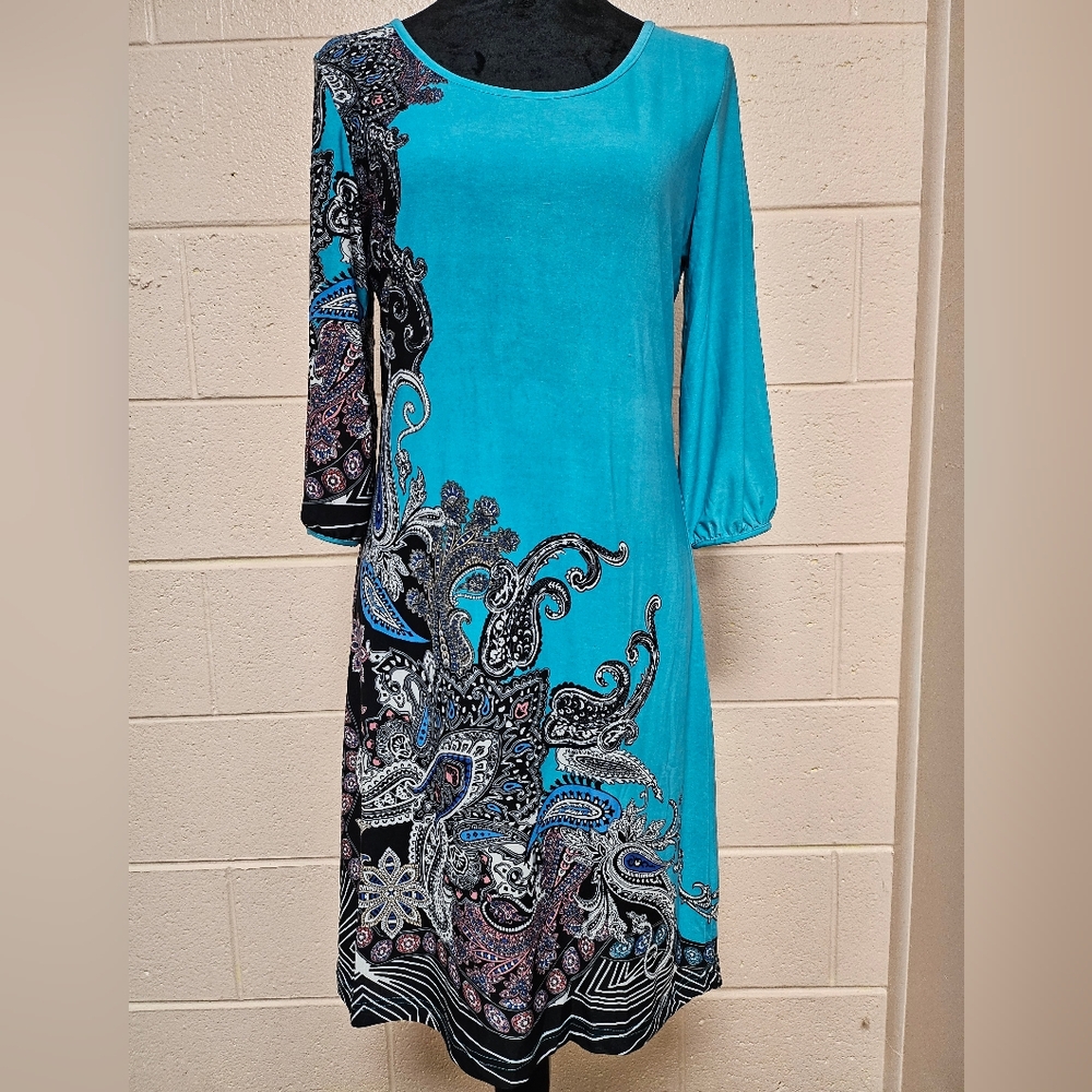 Chic Teal Paisley Long Sleeve Dress